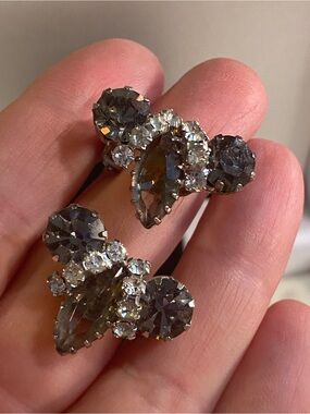 Estate Smoky Gray and Clear Crystal Cluster Earrings